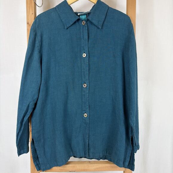 Deep Tops - Vintage Mishi Deep Teal Long Sleeve Button Up Long Linen Top #1223 Size LARGE